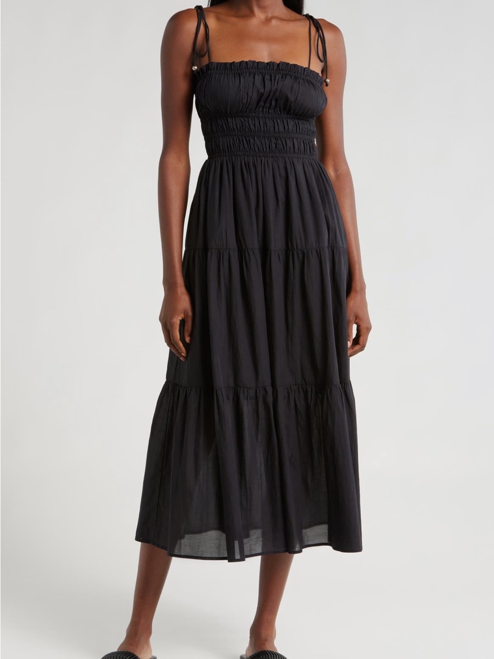 Elan Black Smocked Tiered Maxi Dress with Adjustable Ties